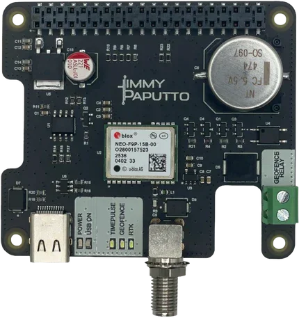 Raspberry Pi HAT featuring GNSS RTK module, USB, and GPIO header for embedded IoT systems.