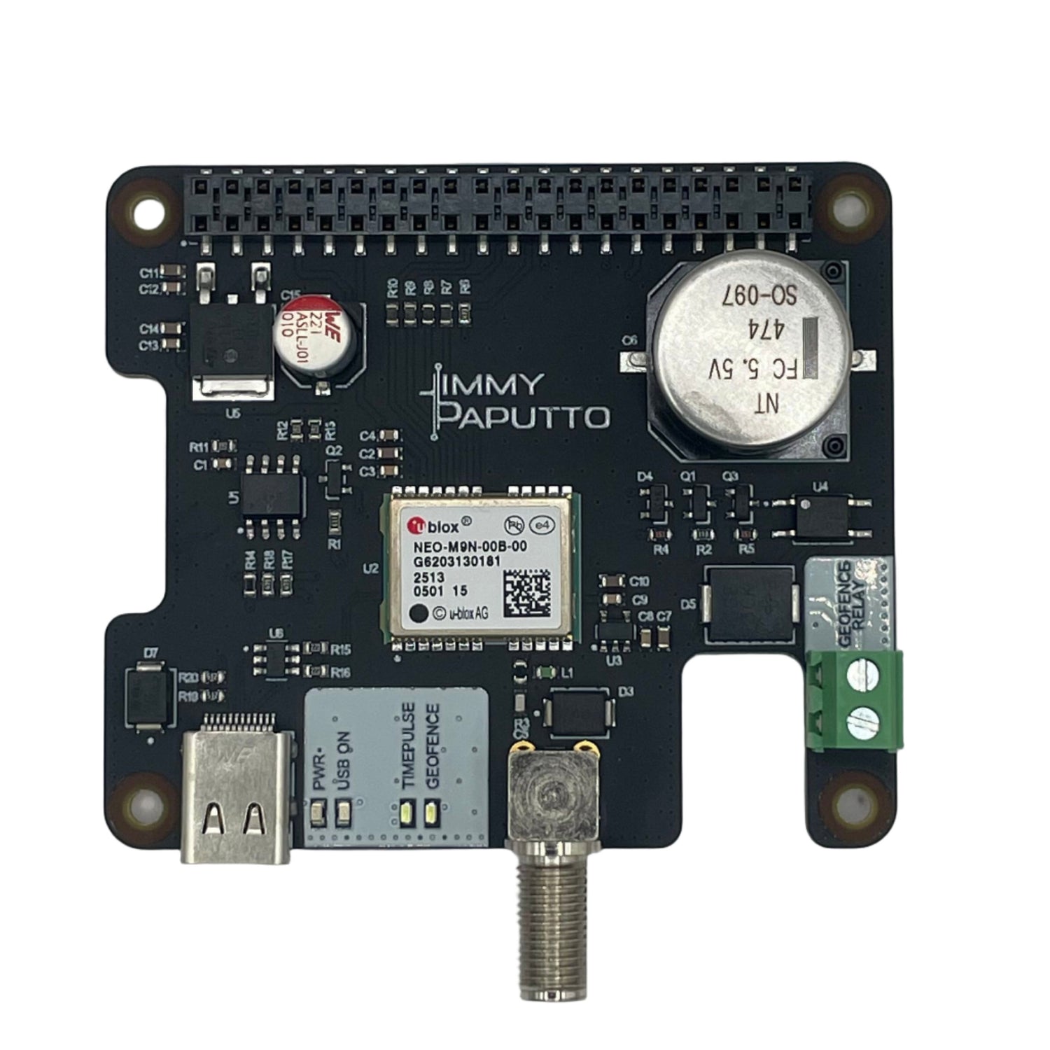 L1 GNSS HAT Raspberry Pi accessory featuring u-blox NEO-M9N GNSS receiver, GPS/GLONASS/BeiDou/Galileo support